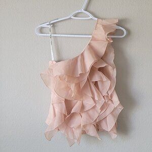 Asymmetrical Ruffle One Shoulder Blush Pink Chiffon Top Romantic XS